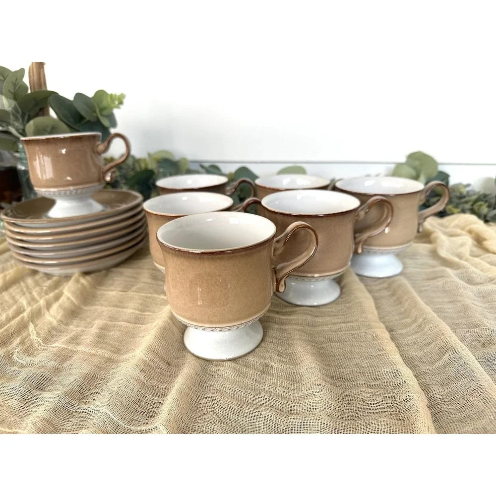 Seven 1980's Seville Denby Langley cup saucer tan cream‎ England Stoneware VTG